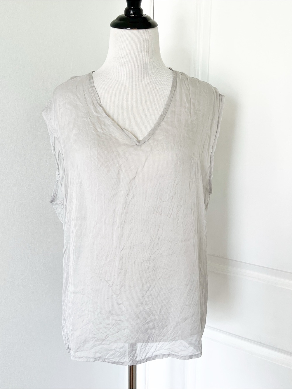 Sheer Light Gray Silk V-Neck Sleeveless Tank Top